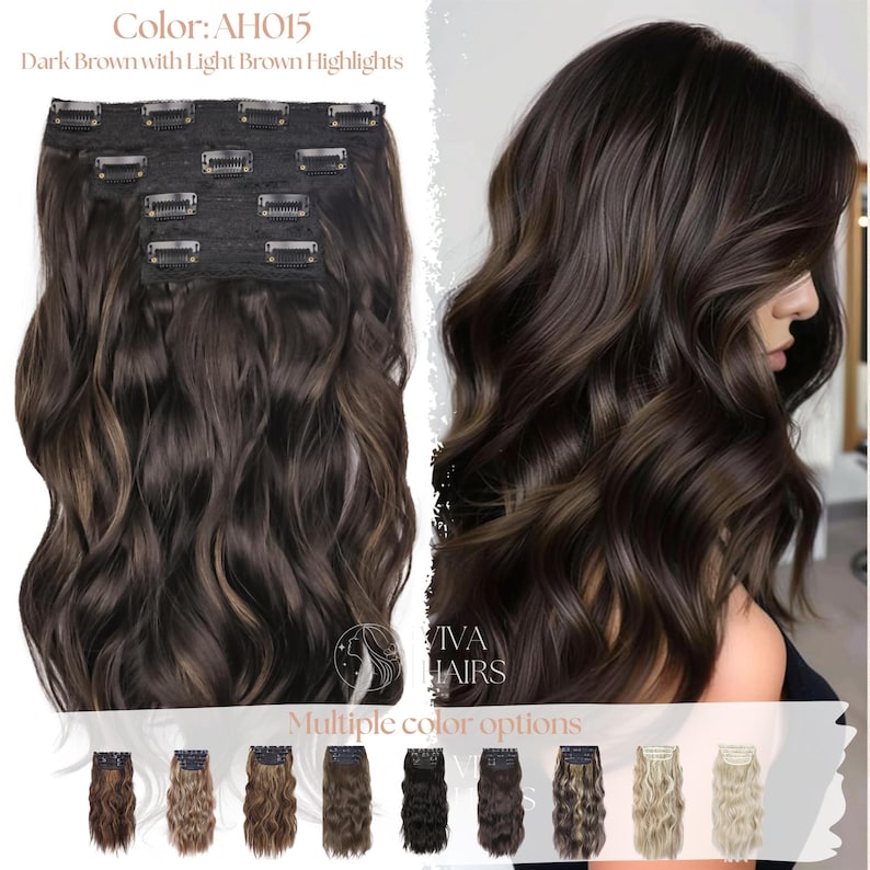May include: Dark brown clip-in hair extensions with light brown highlights. The extensions are wavy and shown with a model with similar hair. The text "Color: AH015 Dark Brown with Light Brown Highlights" is visible. Multiple color options are shown below.