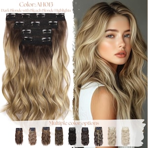 May include: Dark blonde clip-in hair extensions with bleach blonde highlights. The extensions are wavy and feature multiple clips for secure attachment. The image also shows a woman with long, wavy blonde hair, and a selection of other color options.