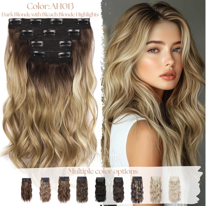 May include: Dark blonde clip-in hair extensions with bleach blonde highlights. The extensions are wavy and feature multiple clips for secure attachment. The image also shows a woman with long, wavy blonde hair, and a selection of other color options.