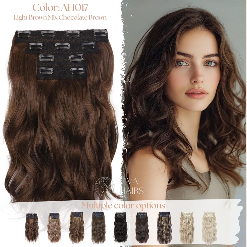 May include: Light brown mix chocolate brown clip-in hair extensions. The extensions have a wavy texture and are attached to a black weft with multiple clips. The image also shows a woman with similar wavy hair and multiple color options.