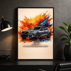 Könnte beinhalten: Ein gerahmter Kunstdruck mit einem grauen 2022 Cupra Formentor VZ5 SUV vor einem Hintergrund aus orangefarbenen und blauen Farbspritzern. Der Text 2022 CUPRA FORMENTOR VZ5 ist in einer metallischen Schrift unter der Abbildung gedruckt.