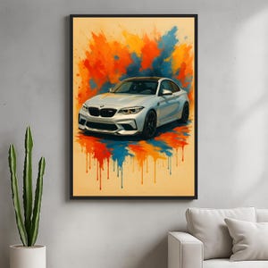 Puede incluir: Impresión artística enmarcada de un coche deportivo plateado sobre un fondo de salpicaduras de pintura naranja, azul y amarilla. El coche tiene techo y ruedas negros. La obra de arte tiene un estilo moderno y abstracto.