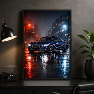 May include: A framed wall art print featuring a dark blue Honda sports car parked on a wet city street at night. The scene is illuminated by vibrant red and blue street lights reflecting on the rain-slicked pavement, creating a moody atmosphere.