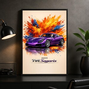 May include: A framed wall art print featuring a purple 2005 TVR Sagaris sports car centred against a vibrant orange, yellow, and blue paint splatter background. The text 2005 TVR Sagaris is printed in black at the bottom of the composition.
