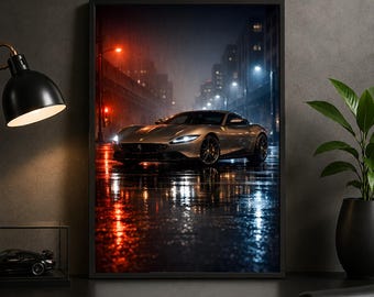 Ferrari Roma Poster, 2021 Luxury Supercar Wall Art Print, Italian Sports Car Garage Decor