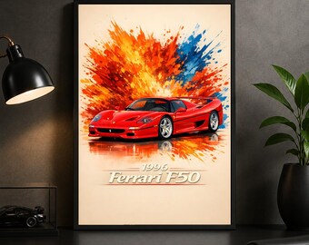 Ferrari F50 1996 Poster – Red Supercar Wall Art Print for Garage or Office Decor