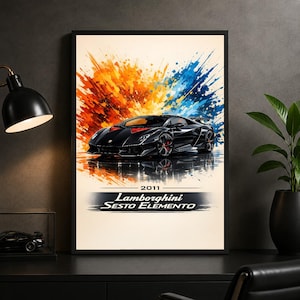 May include: A framed vertical wall art print featuring a black 2011 Lamborghini Sesto Elemento sports car. The background displays a vibrant orange and blue paint splatter effect. The text 2011 Lamborghini Sesto Elemento is printed below.