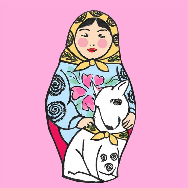 Bull Terrier avec poupée russe / Matryoshka Carte vierge Fête des mères