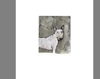 Bull Terrier Miniature Giclee Print of Original Intaglio with Ink and Watercolour