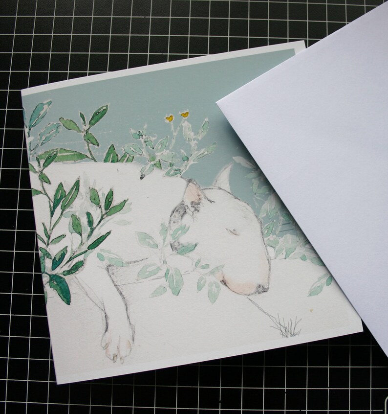 Sleeping English Bull Terrier Blank Card Shady Spot Cool Dog Card - 