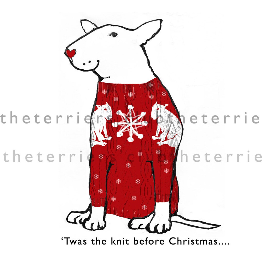 No.32 Christmas Knit Funny Bull Terrier Card Seasonal Text Set of Five
