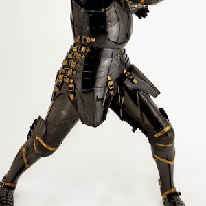 May include: A black suit of armor with gold accents. The armor is highly polished and reflects light. The design includes articulated plates, buckles, and decorative trim. The image shows the armor from the chest down, with the legs in a dynamic pose.