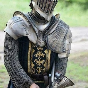 May include: A medieval knight in full armor, including a helmet with a visor, shoulder guards, and chainmail. The knight's attire features a black and gold patterned tunic and a sword. The background is a blurred green.