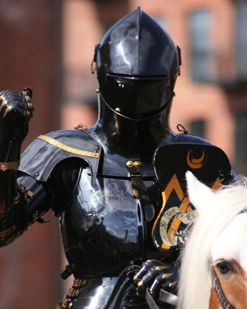 May include: A black, polished suit of armor with gold accents, including a helmet, chest plate, and gauntlets. The armor is worn by a person on horseback. The shoulder plate features a crest with a crescent moon and text.