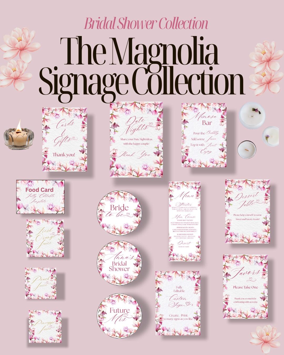 Magnolia Bridal Shower Sign Bundle, Editable Floral Templates (digital ...
