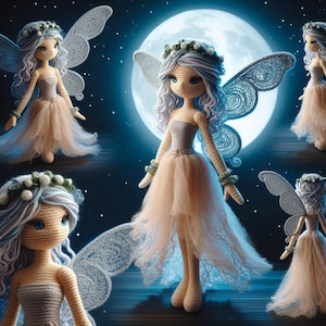 Può includere: Bambole fatate all'uncinetto con capelli azzurri, che indossano abiti color pesca e ali delicate. Le bambole hanno fasce floreali e braccialetti. Lo sfondo presenta una luna piena e un cielo stellato, creando una scena stravagante.