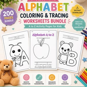 Paquete de 200 hojas de trabajo para colorear y trazar el alfabeto de la A a la Z / Material imprimible para preescolar y jardín de infancia (descarga instantánea)