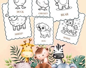 May include: A collection of animal-themed coloring cards featuring a duck, chicken, bear, sheep, dog, and horse. Below, there are illustrations of a giraffe, monkey, zebra, hippo, lion, and elephant. The cards and illustrations are in a cartoon style.