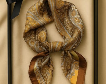 Square Scarf 70x70 Cm Satin Silk Blend – Beige & Brown Baroque