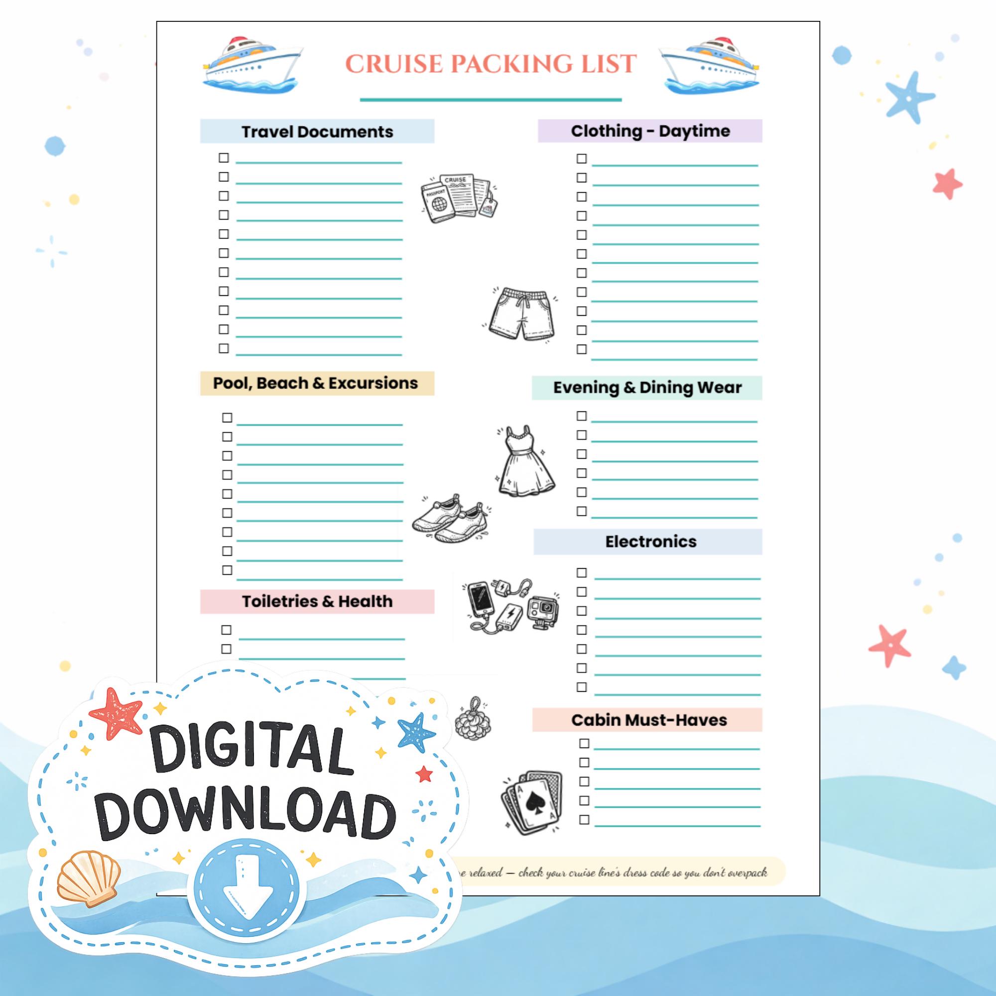 Cruise Packing List Printable | Cruise Checklist PDF | Cruise Trip Prep