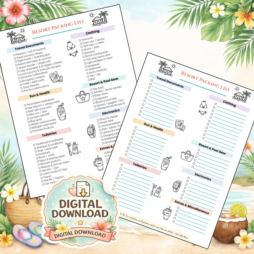 Resort Packing List Printable | All-inclusive Vacation Checklist ...