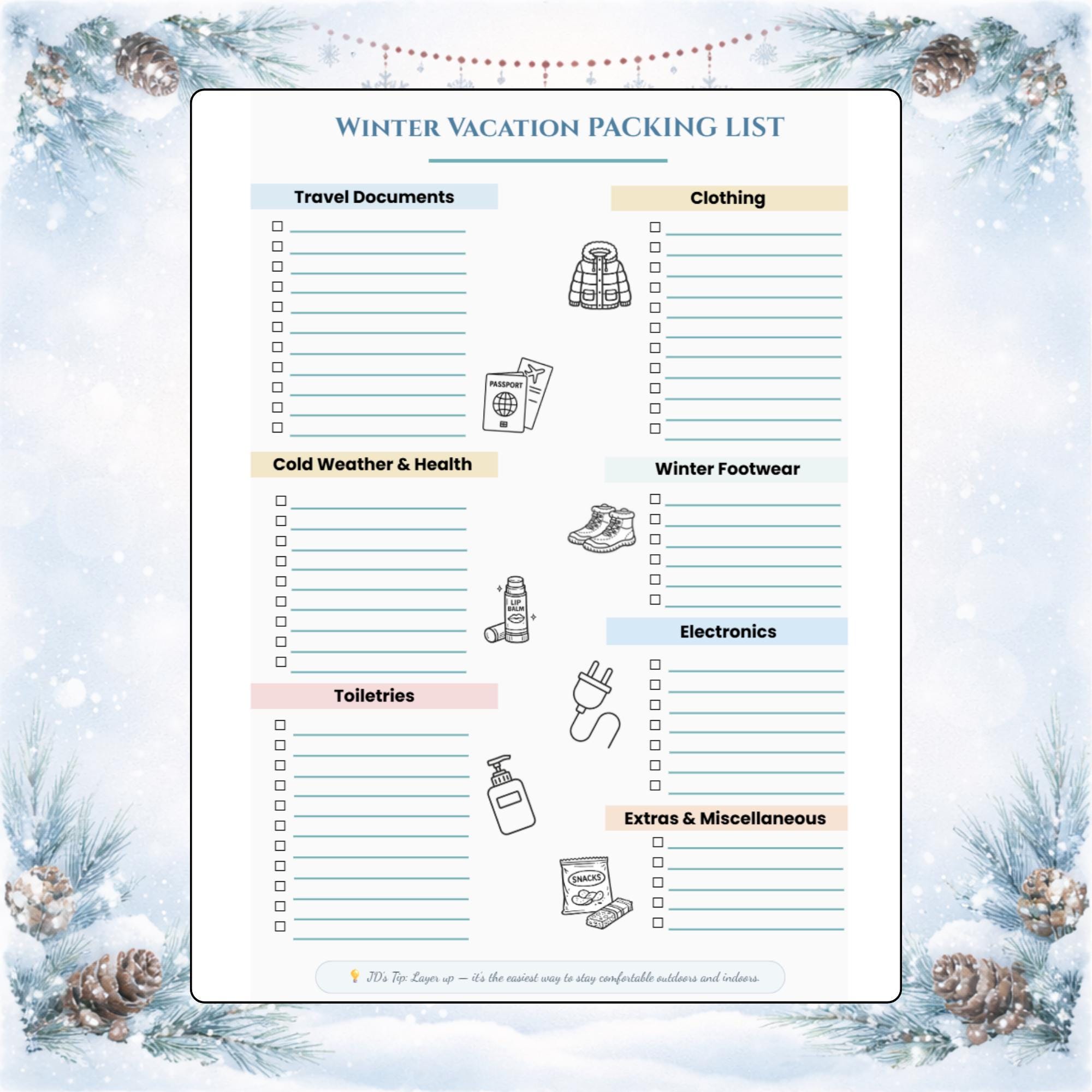 Winter Vacation Packing List Printable | Cold Weather Travel Checklist ...