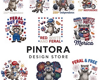 Paquete de PNG de animales salvajes y libres, PNG de mapache divertido para el 4 de julio, diseño rojo, blanco y salvaje de EE. UU., archivos de sublimación de animales patrióticos (10 archivos)