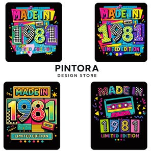 Pode incluir: Quatro quadrados pretos com designs coloridos que dizem "MADE IN 1981 LIMITED EDITION". Cada design apresenta o número 1981, uma cassete e cores vibrantes. O texto "PINTORA DESIGN STORE" também é visível.