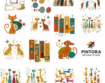 Paquete PNG de gatos y perros de mediados de siglo: 15 diseños