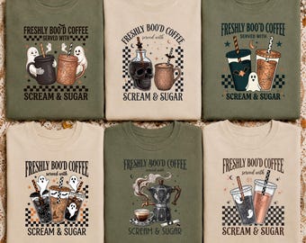 Pacchetto PNG di caffè appena fatto, design per magliette a tema caffè di Halloween, caffè spettrale PNG, clipart di caffè fantasma, maglietta autunnale, 6 design