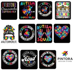 Puede incluir: Colección de diseños cuadrados negros con temas de concienciación sobre el autismo. Los diseños incluyen texto como "Everyone Communicates Differently" y "Autism is my superpower". Se presentan coloridas piezas de rompecabezas.