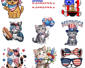 Paquete de imágenes PNG de gatos patrióticos, diseños de gatos para el 4 de julio, PNG de gatos rojos, blancos y maulladores, archivos de sublimación de gatitos lindos de EE. UU., paquete de gatos americanos (9 archivos)