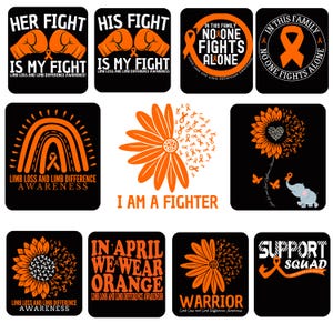 Puede incluir: Conjunto de gráficos cuadrados en naranja y negro. Los diseños incluyen guantes de boxeo, lazos y motivos florales, con mensajes de concienciación sobre la pérdida y la diferencia de extremidades. Los textos incluyen "Her Fight Is My Fight" y "I Am A Fighter".