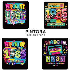 May include: Four black square designs with the text "MADE IN 1985 LIMITED EDITION" in vibrant colors. Each design features a retro cassette tape and a bold "1985" graphic, evoking an 80s theme.