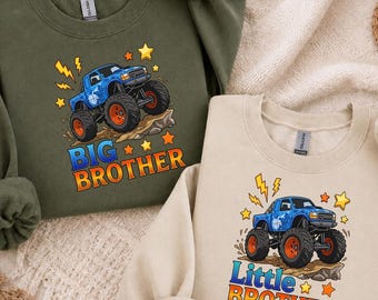 Pacchetto PNG "Fratello maggiore, fratello minore", Monster Truck PNG, Maglietta per l'annuncio della nascita del fratello, Design di camion per bambini, 2 design