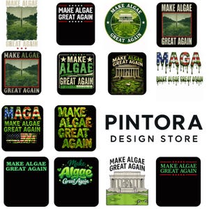 Peut inclure: Une collection de designs graphiques présentant le texte Make Algae Great Again, intégrant des images du Lincoln Memorial, du Washington Monument, des motifs de drapeau américain et des algues vertes dans divers styles et mises en page.