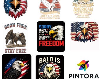 Paquete de imágenes PNG de águilas patrióticas, diseños de águilas con la bandera estadounidense, imágenes PNG del 4 de julio en EE. UU., archivos de sublimación con citas sobre la libertad, camiseta con águila calva (8 archivos).
