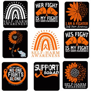 Pode incluir: Uma coleção de designs quadrados pretos com gráficos laranja e brancos. Os designs incluem um arco-íris, luvas de boxe, girassóis e texto como "Self-Harm Awareness", "Her Fight Is My Fight" e "Support Squad".