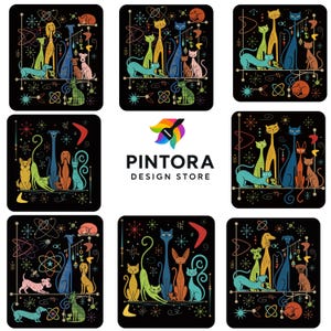 Könnte beinhalten: Eine Sammlung von acht quadratischen Untersetzern mit farbenfrohen Illustrationen von Katzen und Hunden im Mid-Century-Stil auf schwarzem Hintergrund, die den Text PINTORA DESIGN STORE mit einem bunten Pinsel-Symbol darüber umgeben.