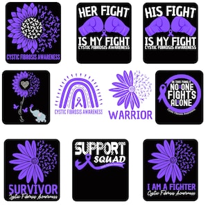 Paquete de 10 diseños PNG de concientización sobre la fibrosis quística, camiseta de guerrero superviviente con lazo morado, archivos de sublimación del equipo de apoyo a la fibrosis quística
