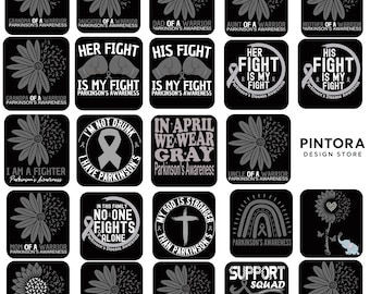 Paquete de 24 diseños PNG de concientización sobre el Parkinson, camisetas familiares de guerreros con lazo gris, archivos de sublimación para abril