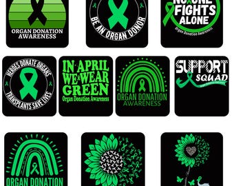 Paquete de 10 diseños PNG para concienciar sobre la donación de órganos, gráficos de camisetas con lazo verde "Dona Vida", descarga de sublimación para concienciar sobre abril