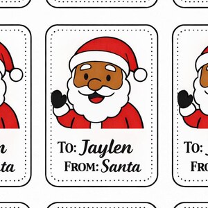 Puede incluir: Hoja de nueve etiquetas rectangulares para regalo con un Papá Noel de dibujos animados con gorro y traje rojos, barba blanca y guantes negros. Cada etiqueta dice "To: Jaylen From: Santa".