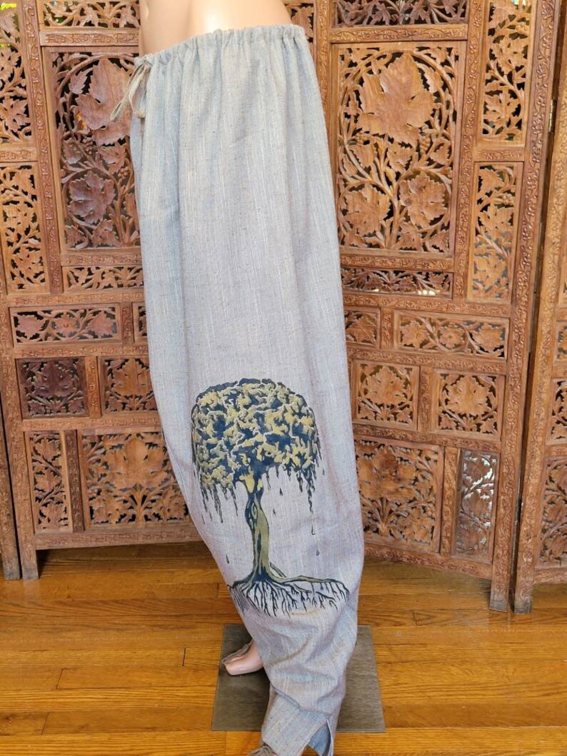 OOAK One Size Unisex Magick Pants with 3 Pockets and Silk Screened Tree Spirit artwork