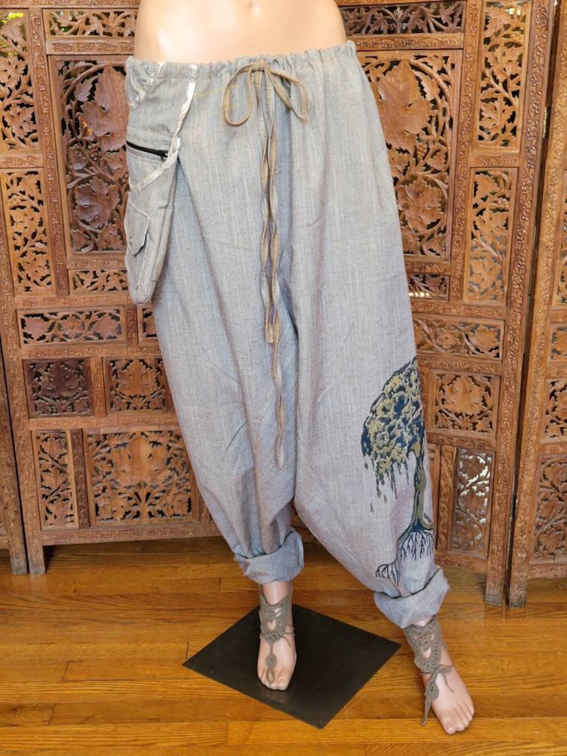 OOAK One Size Unisex Magick Pants with 3 Pockets and Silk Screened Tree Spirit artwork