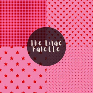 May include: A digital design featuring four distinct patterns in shades of pink and red. The patterns include gingham, hearts, stars, and polka dots. A dark brown circle with the text "The Lilac Palette" is in the center.