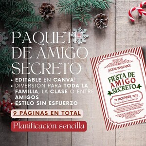 May include: A festive invitation for a Secret Santa party, featuring a red and white striped design with the text "Fiesta de Amigo Secreto" and the date December 20, 2025. The image includes candy canes and pine branches.