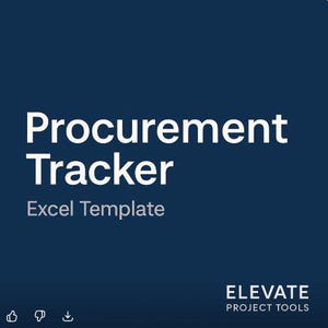 May include: A dark blue graphic featuring the words "Procurement Tracker" in white, with "Excel Template" underneath. The Elevate Project Tools logo is in the bottom right corner. Social media icons are at the bottom.