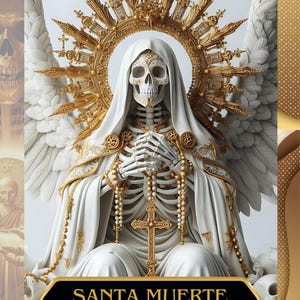Puede incluir: Ilustración detallada de una figura esquelética, adornada con un halo y alas doradas, vestida con túnicas blancas. Un rosario con una cruz dorada cuelga de las manos de la figura. El texto "SANTA MUERTE ROSARY" se muestra en una pancarta negra.