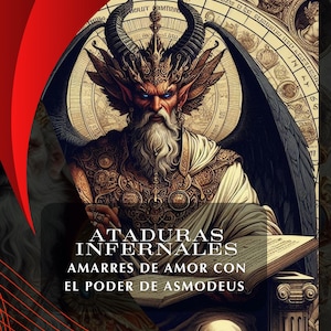 Może przedstawiać: Cyfrowa ilustracja demonicznej postaci z rogami, skrzydłami i długą białą brodą, trzymającej pióro i otwartą książkę. Tekst "ATADURAS INFERNALES AMARRES DE AMOR CON EL PODER DE ASMODEUS" jest wyświetlany na obrazie na tle zabytkowej mapy.